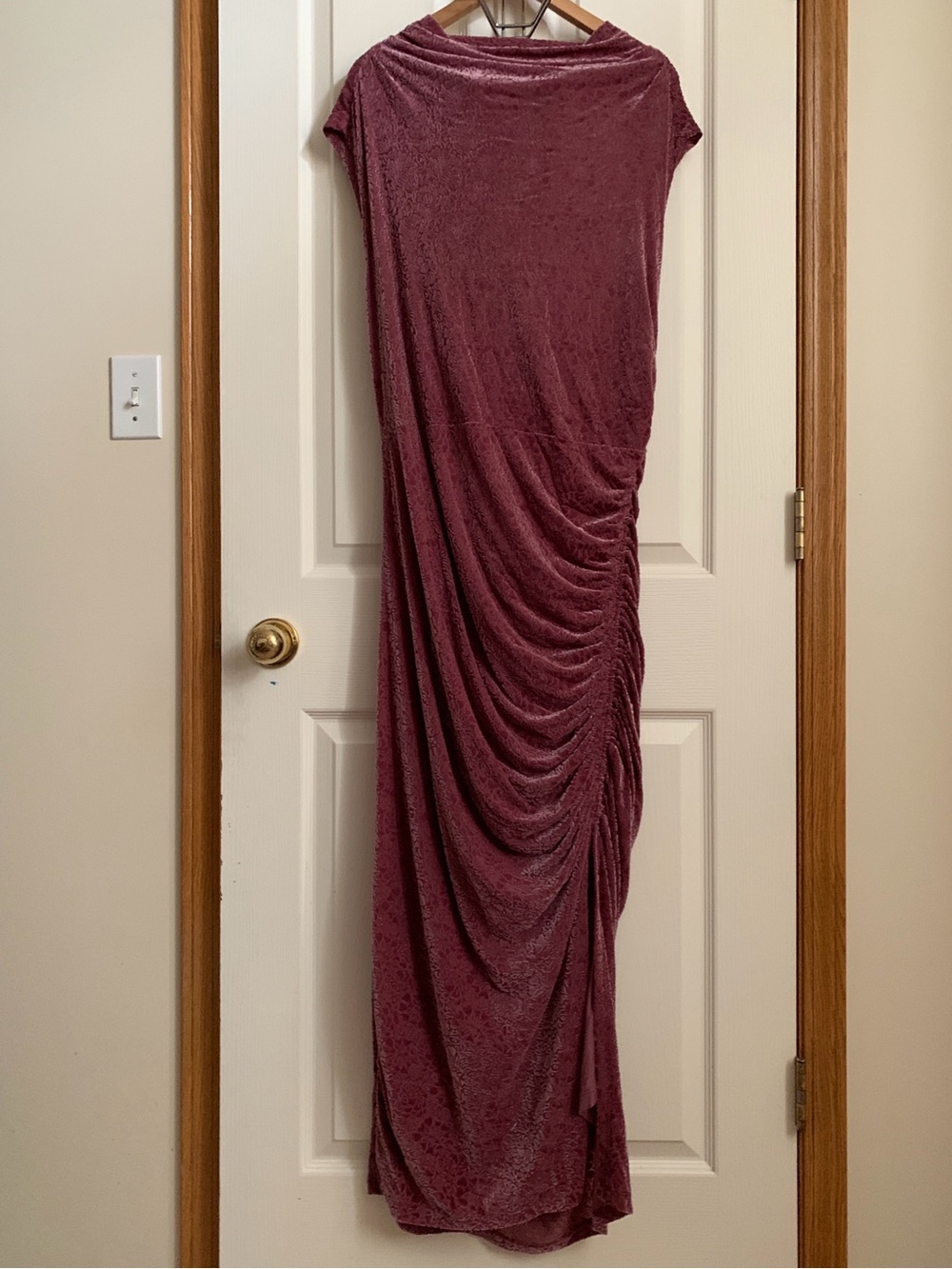Anthropologie Ruched Velvet-Burnout Maxi Dress in Purple Size 2X Like New